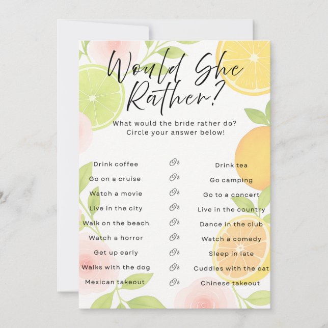 Citrus Floral Bridal Shower Game Invitation (Front)
