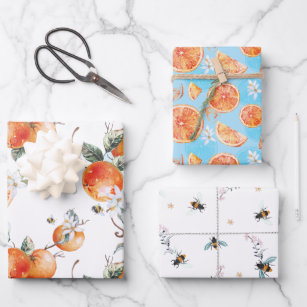 Citrus Floral Bumble Bee Watercolor Wrapping Paper Sheet