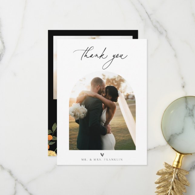 Citrus Floral Chic Minimalist Wedding Photo Thank You Card (Front/Back In Situ)