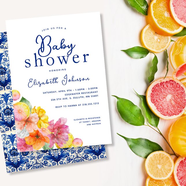 Citrus Floral Lemon Blue Tile Baby Shower Invitation (Citrus Floral Lemon Blue Tile Baby Shower Invitation)
