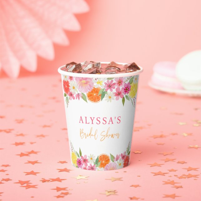 Citrus Floral Lemon Orange Bridal Shower Paper Cups (Insitu)