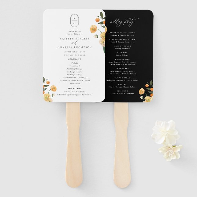 Citrus Floral Monogram Wedding Program Hand Fan (Front and Back)