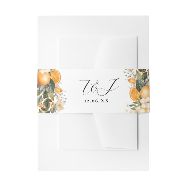 Citrus Florals Wedding Cutlery Band Oranges Flower Invitation Belly Band (Front Example)