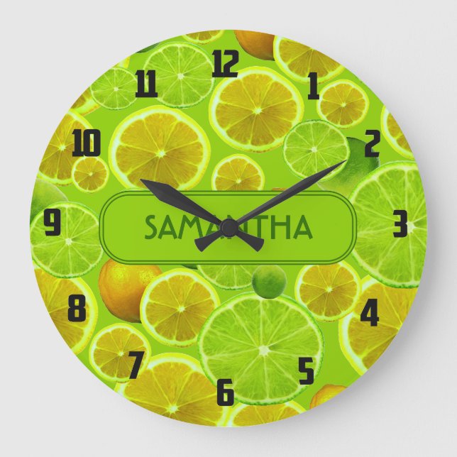 Citrus Fruit, Lemon & Lime Pattern - Personalized Large Clock (Front)