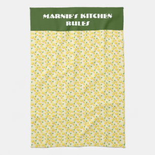 Citrus fruit, lemons, green background editable kitchen towel