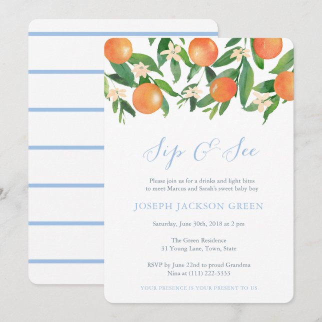 Citrus fruit Sip and See party; meet new baby boy Invitation (Front/Back)