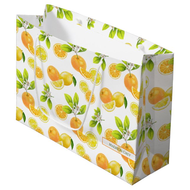 Citrus Fruits Art Oranges and Lemons Patten Large Gift Bag (Front Angled)