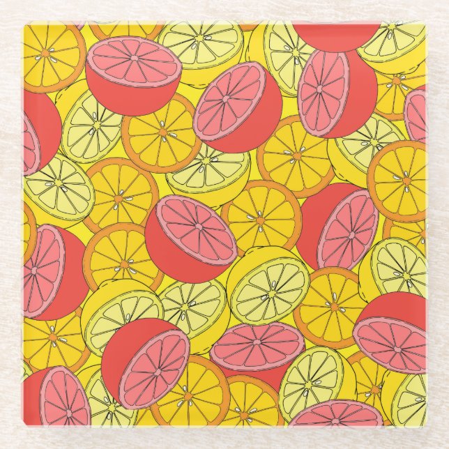 Citrus Fruits Bright Seamless Pattern Glass Coaster (Front)