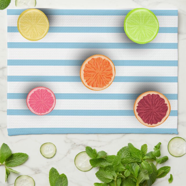 Citrus Fruits on Baby Blue Stripes Pattern Kitchen Towel (Folded)