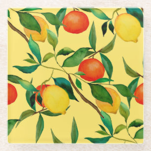 Citrus fruits, vibrant watercolor pattern. glass coaster