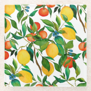 Citrus fruits, vibrant watercolor pattern. glass coaster