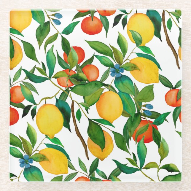Citrus fruits, vibrant watercolor pattern. glass coaster (Front)