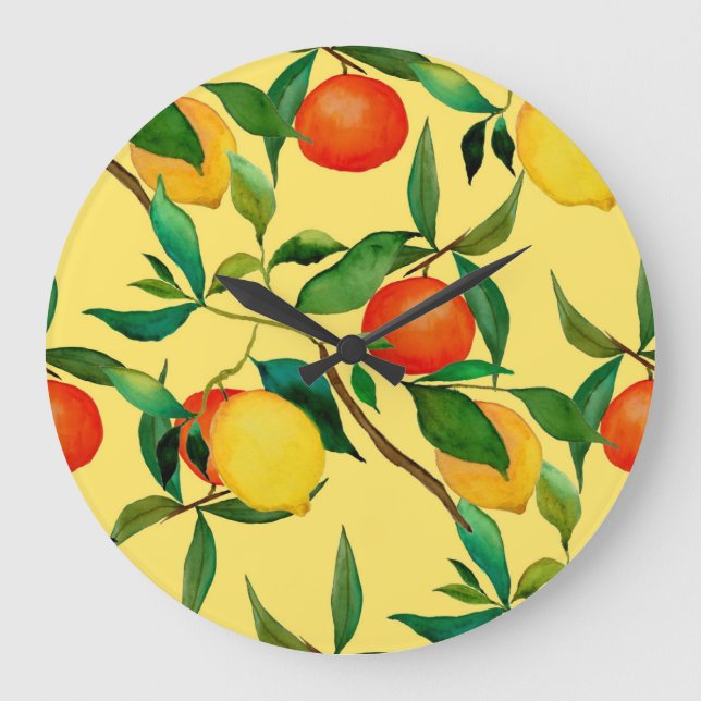 Citrus fruits, vibrant watercolor pattern. large clock (Front)