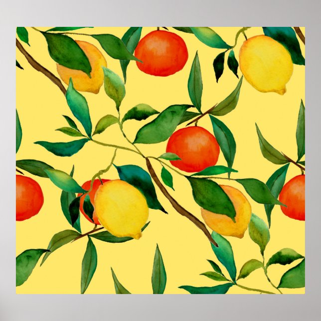 Citrus fruits, vibrant watercolor pattern. poster (Front)