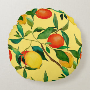 Citrus fruits, vibrant watercolor pattern. round pillow