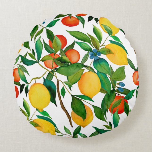 Citrus fruits, vibrant watercolor pattern. round pillow (Front)