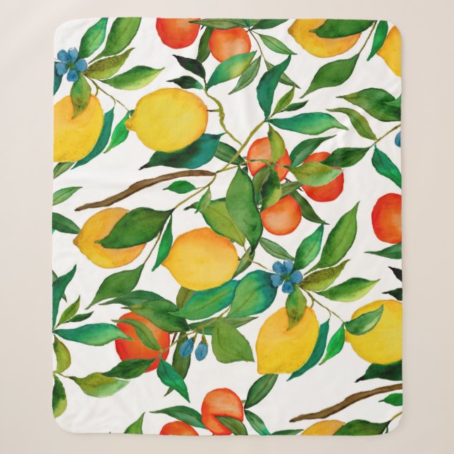 Citrus fruits, vibrant watercolor pattern. sherpa blanket (Front)