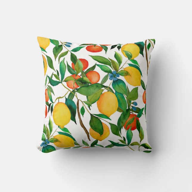 Citrus fruits, vibrant watercolor pattern. throw pillow (Front)