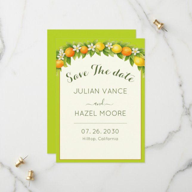 Citrus Garden Orange & Lemon Wedding Save The Date (Front/Back In Situ)