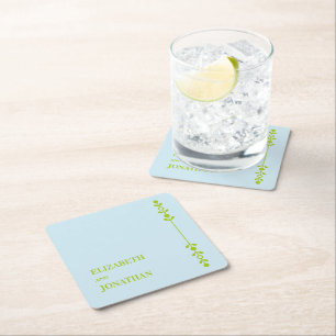 Citrus Green & Coastal Blue Wedding Square Paper Coaster