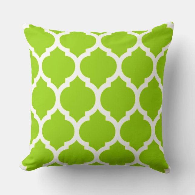 Citrus Green Moroccan Lattice Quatrefoil Pattern Throw Pillow (Front)