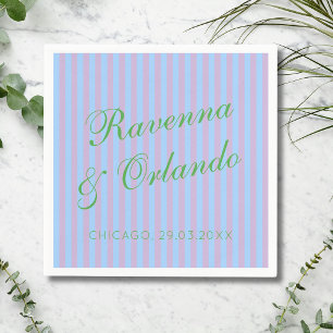 Citrus Green Retro Blue Pink Stripe Wedding Napkin