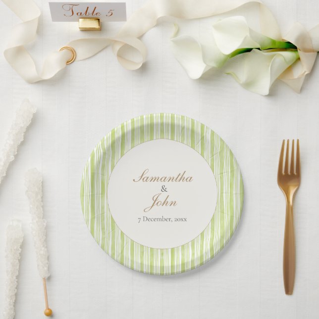 Citrus Green Striped Retro Wedding Paper Plates (Wedding)