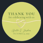Citrus Green Wedding Thank You Classic Round Sticker<br><div class="desc">Add a fresh, modern touch to your celebration favours with this citrus green wedding thank you sticker, featuring a stylish gold rope-heart motif and customizable names and date. Perfect for sealing favour bags, boxes, envelopes, or adding a personalized detail to guest gifts. This bright, contemporary design complements colourful and vibrant...</div>