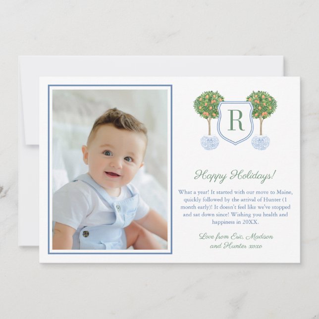 Citrus Happy Holidays Monogram Crest Picture Holid Holiday Card (Front)