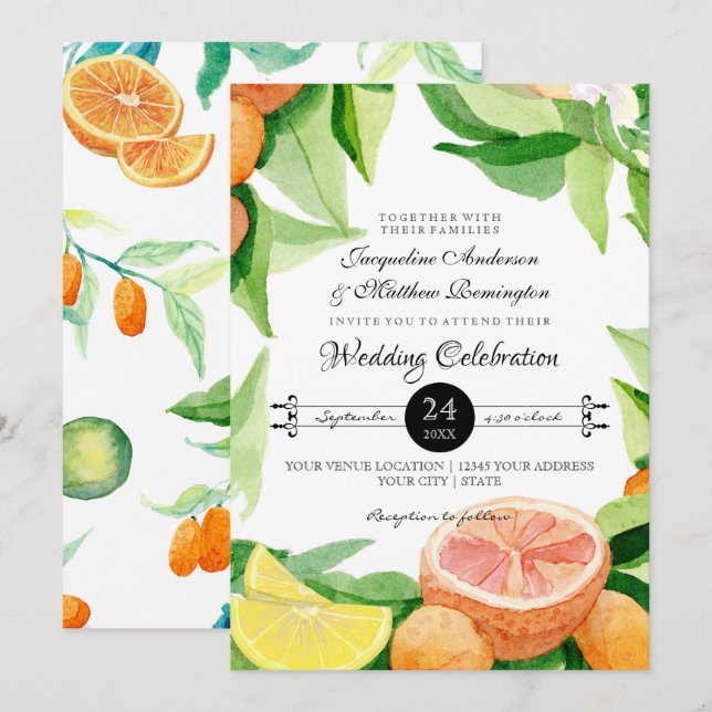 Citrus Kumquat Lemons Orange Typography Leaf Art Invitation (Front/Back)