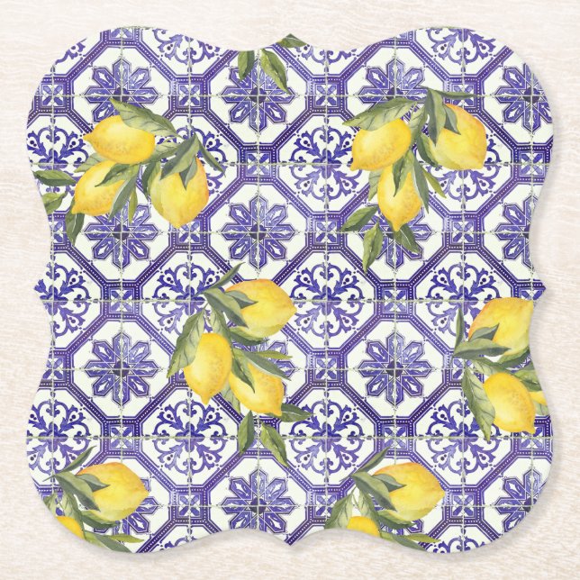 Citrus Lemon Blue Portuguese Tile Mediterranean Paper Coaster (Front)