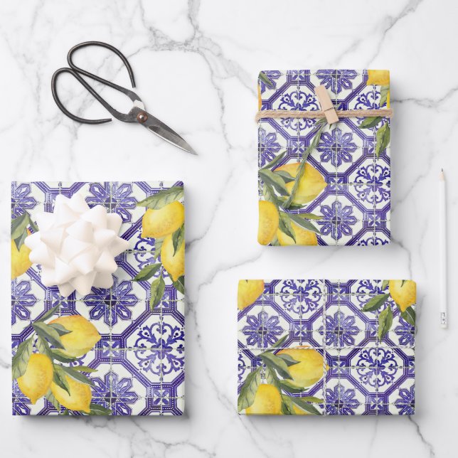 Citrus Lemon Blue Portuguese Tile Mediterranean Wrapping Paper Sheet (Front)