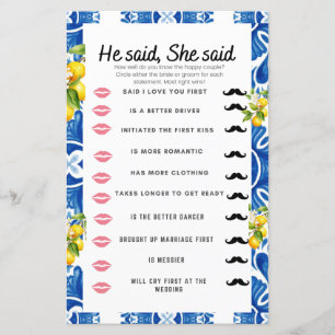 Citrus Lemon Blue Tile Bridal Shower Game