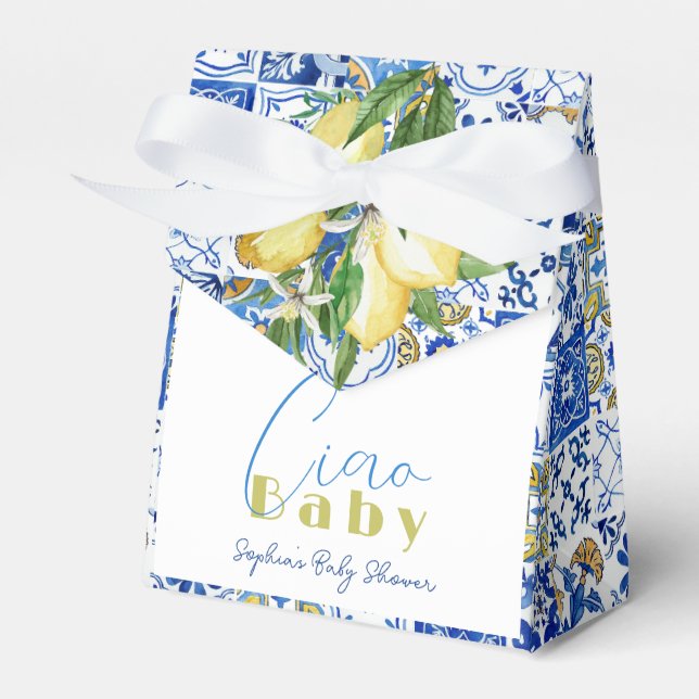 Citrus Lemon Blue Tile Watercolor Favor Box (Front Side)