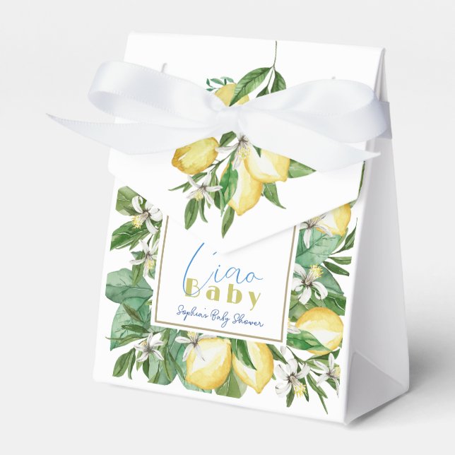Citrus Lemon Blue Tile Watercolor Favor Box (Front Side)