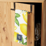 Citrus Lemon Botanical Monogram Kitchen Towel<br><div class="desc">This design features a citrus lemon pattern with a monogram navy square on each edge</div>