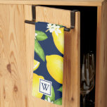 Citrus Lemon Botanical Monogram Navy Blue Kitchen Towel<br><div class="desc">This design features a citrus lemon pattern with a monogram navy square on each edge</div>