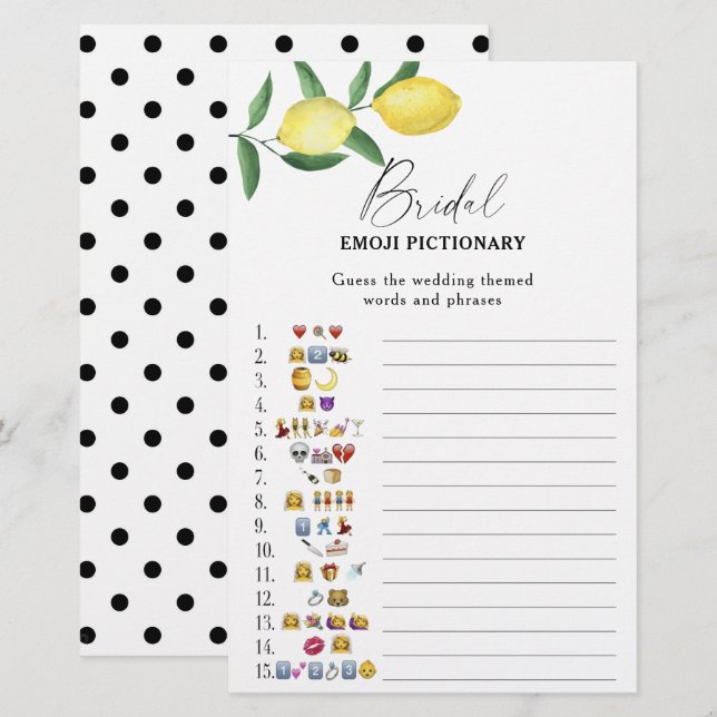 Citrus lemon - bridal shower emoji pictionary game (Front/Back)