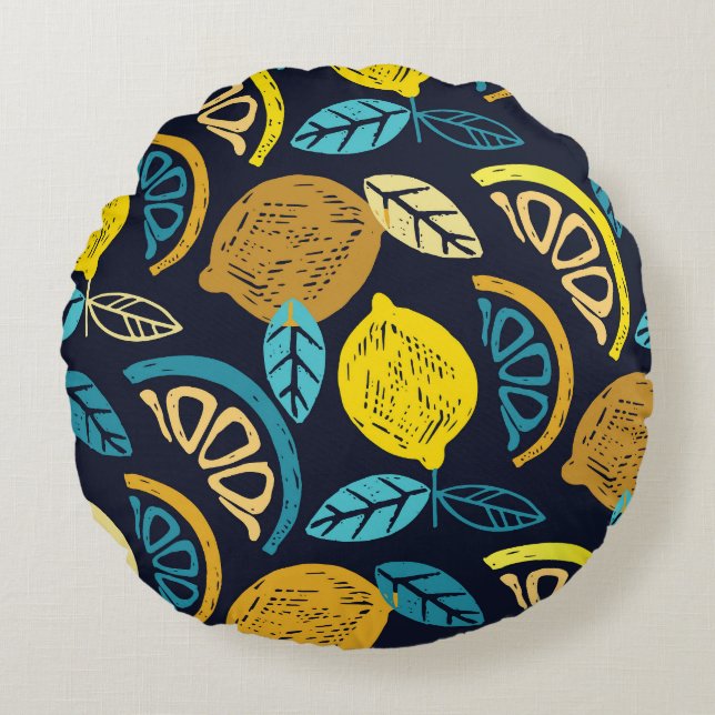 Citrus Lemon Doodle Pattern Background Round Pillow (Front)