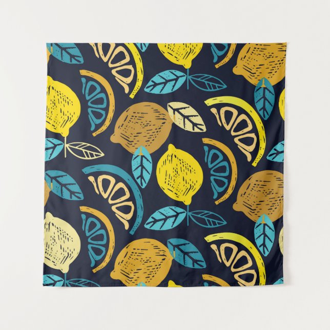 Citrus Lemon Doodle Pattern Background Tapestry (Front)