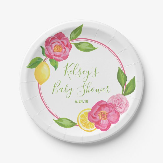 Citrus Lemon Floral Baby Shower Lemon Roses Paper Plate (Front)