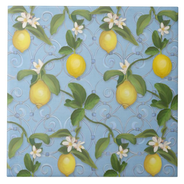 Citrus Lemon Floral Dusty Blue Greenery Pattern Tile (Front)