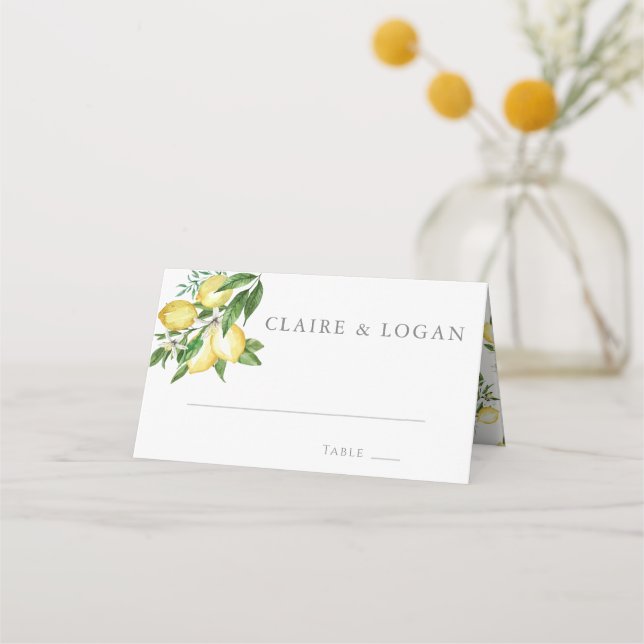 Citrus Lemon Floral Watercolor Place Card (Front)