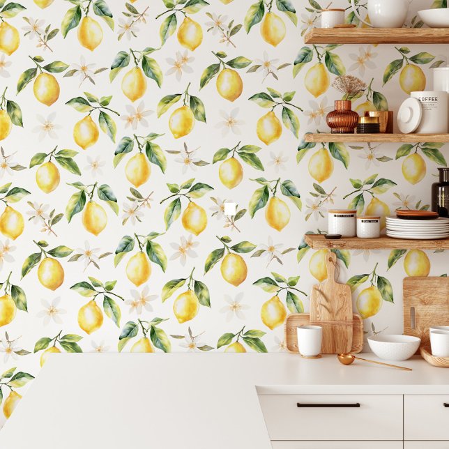 Citrus Lemon Fruit Floral Botanical Pattern Wallpaper (In situ)