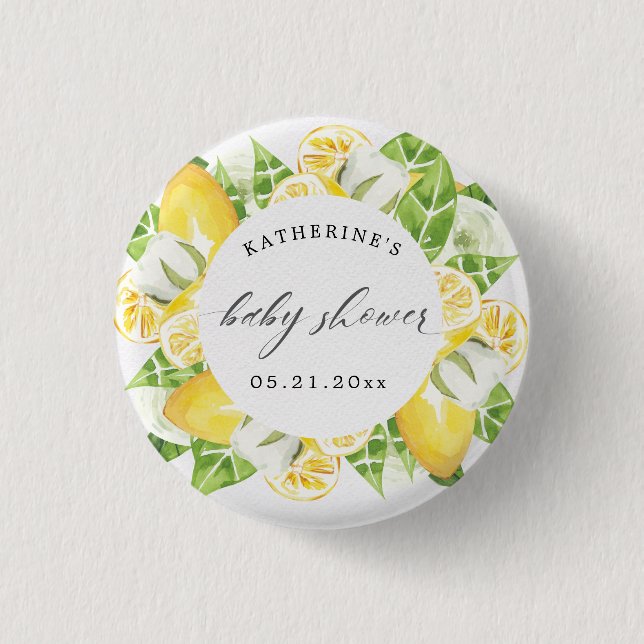 citrus lemon fruit flower baby shower monogram  1 inch round button (Front)