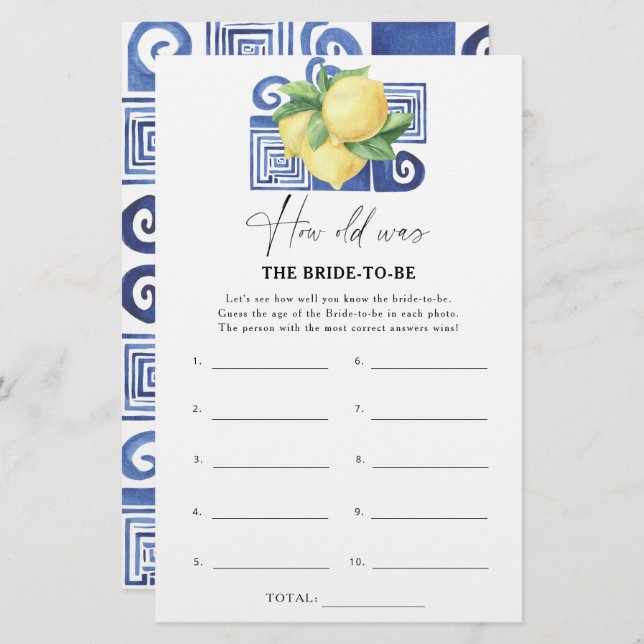 Citrus lemon - How old was the bride to be game (Front/Back)