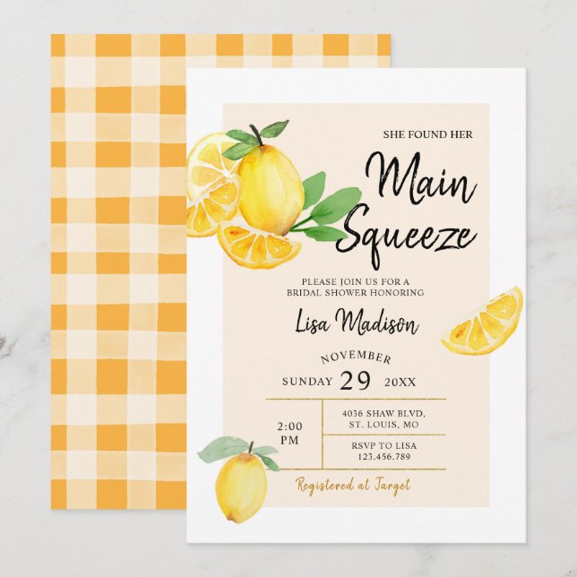 Citrus Lemon main squeeze Bridal shower invitation (Front/Back)