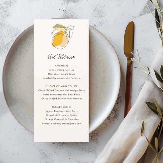 Citrus Lemon Modern Line Dessin Menu Mariage (Créateur téléchargé)