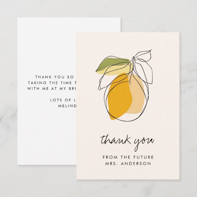 Citrus Lemon Modern Line Drawing Bridal Shower Thank You Card (Front/Back)