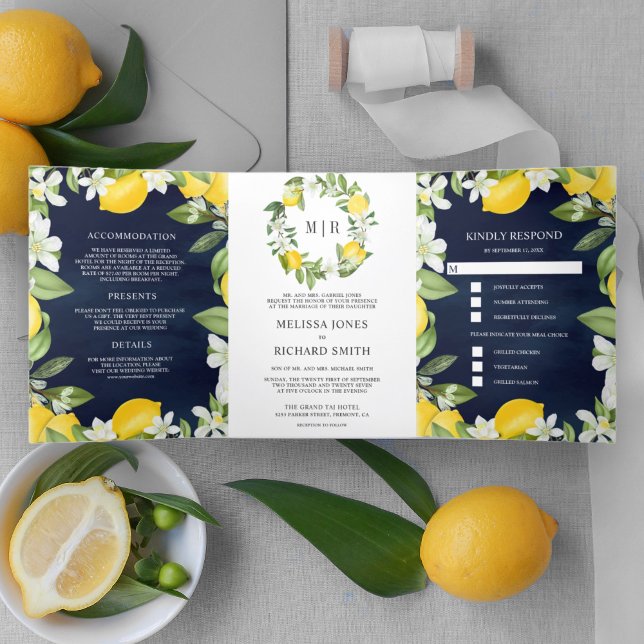 Citrus Lemon Orchard All in One Navy Blue Wedding Tri-Fold Invitation (Creator Uploaded)